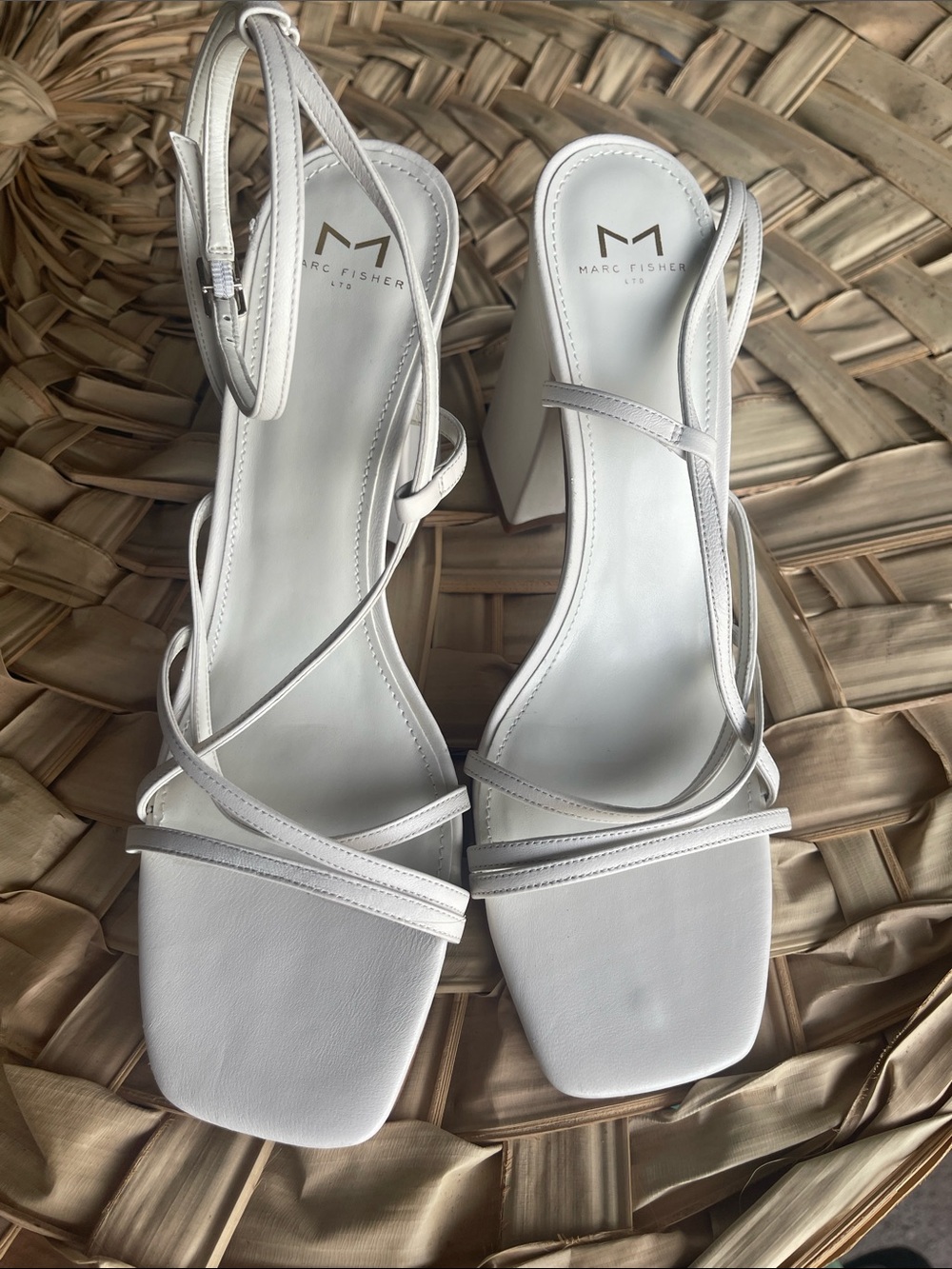 Marc Fisher Ivory Strappy Square-Toe Block Heel Sandals . Leather upper